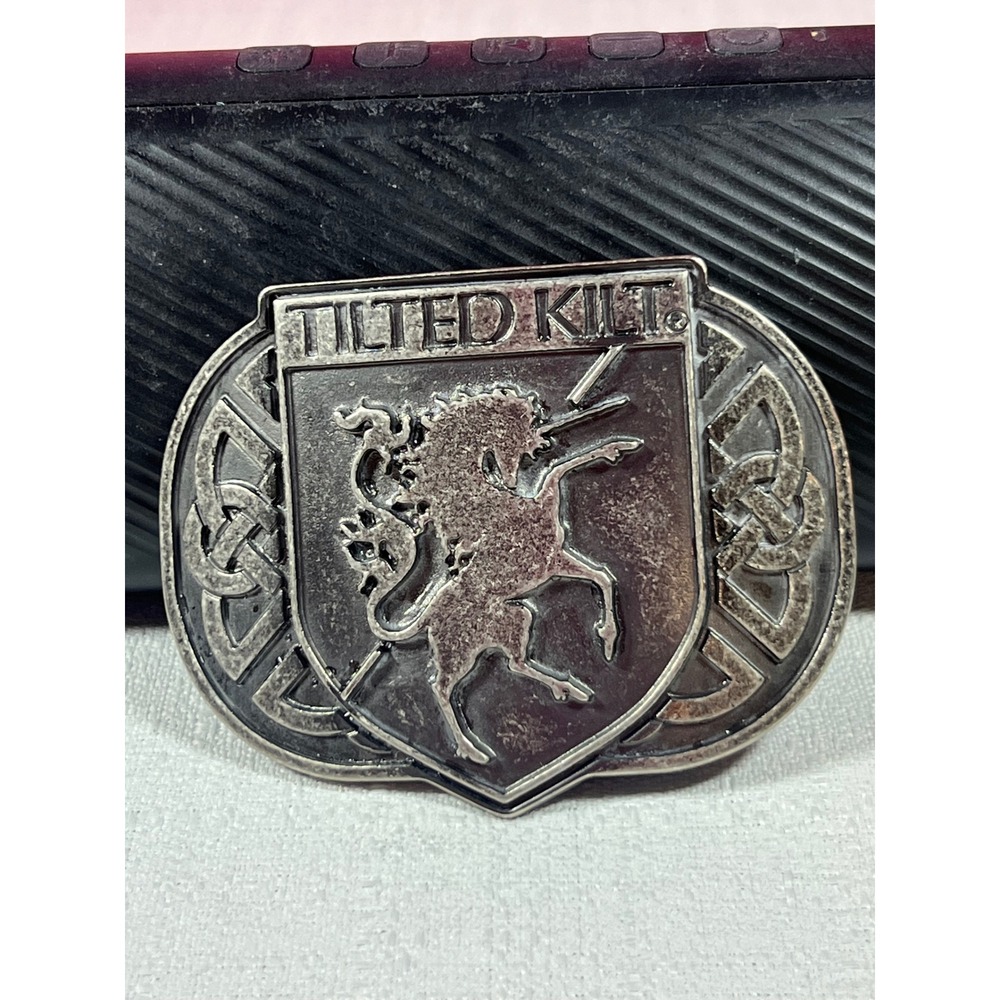 Tilted Kilt Pub Eatery Belt Buckle Silver Tone Celtic Knot Unicorn Shield Logo